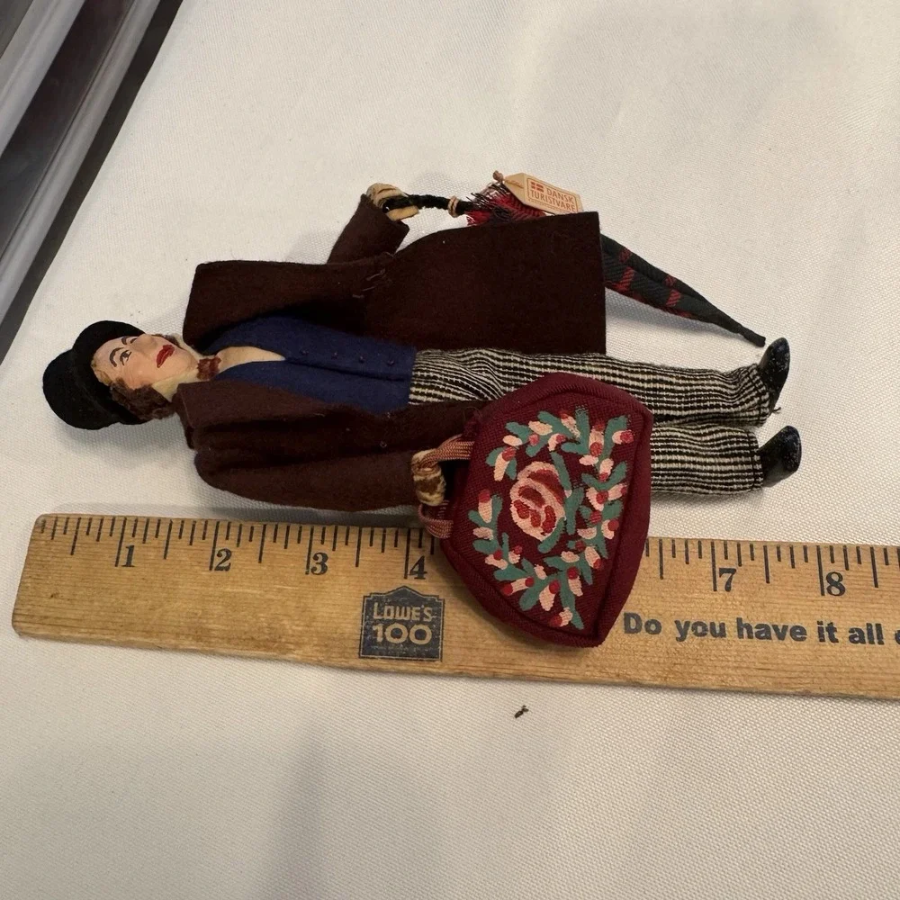 Dansk Turistvare Cloth Doll Gentleman 7.5in Brown Danish‎ Folk Art Top Hat Bag